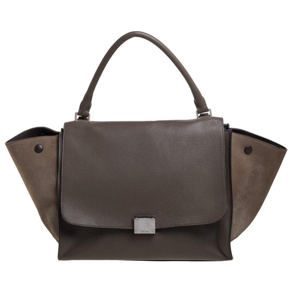 Celine Khaki Beige Leather and Suede Medium Trapeze Bag