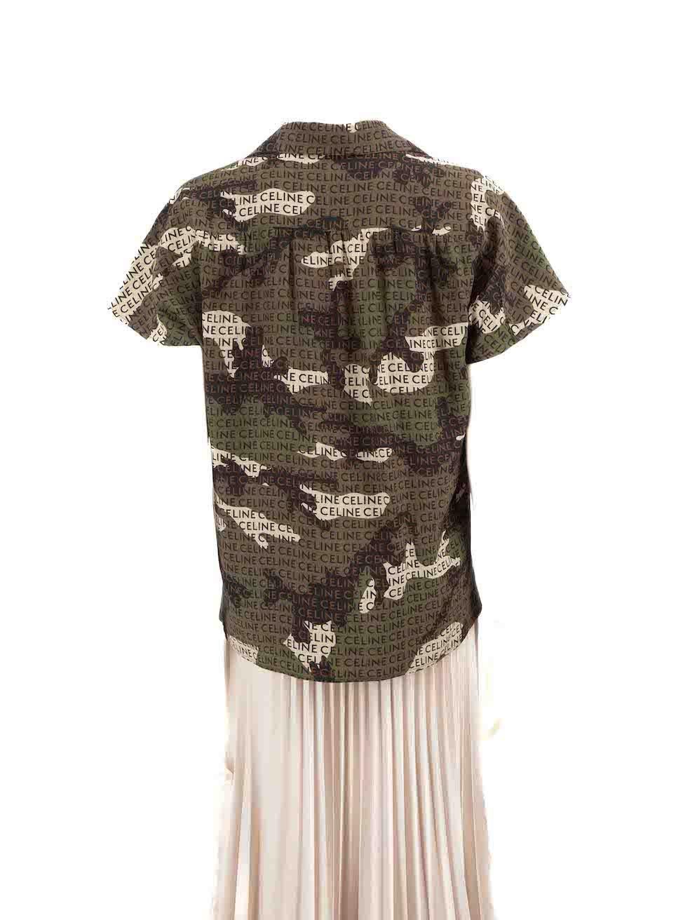 Beige Céline Khaki Camo & Logo Print Silk Blouse Size S