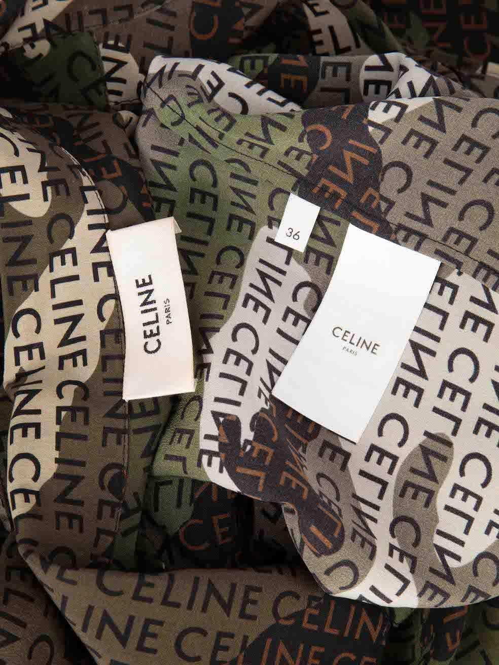 Céline Khaki Camo & Logo Print Silk Blouse Size S In Excellent Condition In London, GB