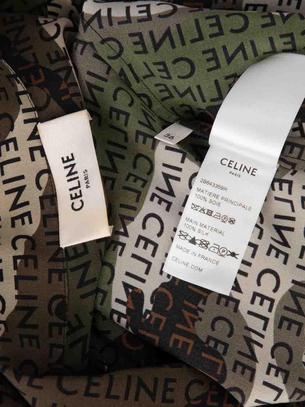 Women's Céline Khaki Camo & Logo Print Silk Blouse Size S