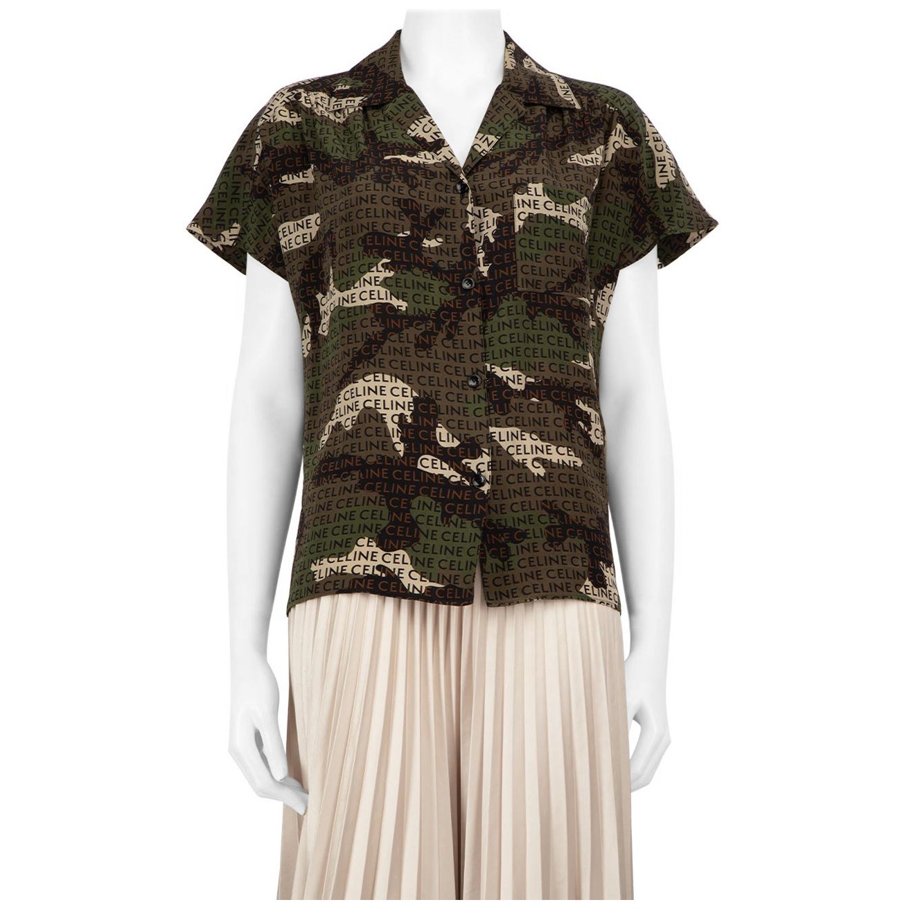 Céline Khaki Camo 
Logo Print Silk Blouse Size S