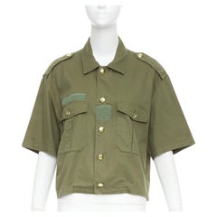 CELINE khaki green cotton gold Triomphe button military cropped shirt FR36 S