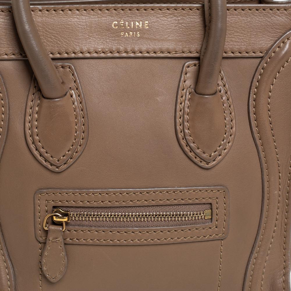 Brown Celine Khaki Leather Nano Luggage Tote