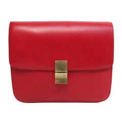 Celine large red classic box leather bag with convertible strap 