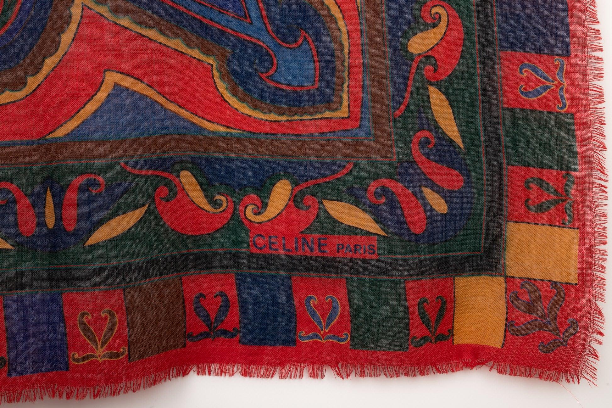 Céline Large Wool Cheesecloth Stole in Blue and Red Tones For Sale 2