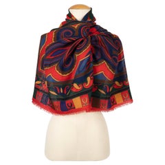 Céline Large Wool Cheesecloth Stole in Blue and Red Tones