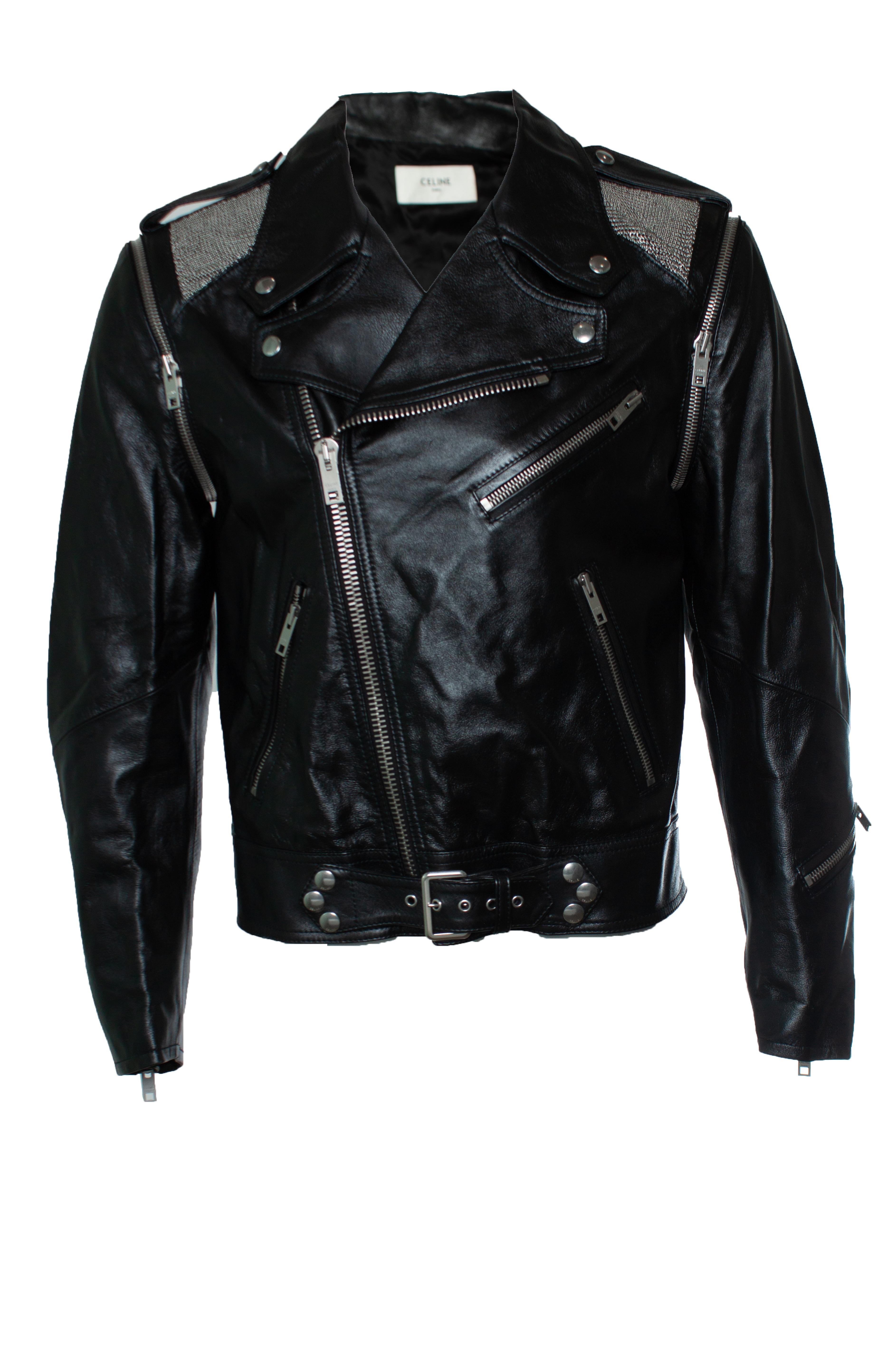 Celine, Leather jacket with metal mesh on the shoulders en vente