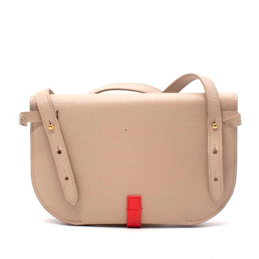 Celine Light Beige Leather Half Moon Cross Body Bag
 

 - Half moon shaped bay with 3 separate internal chambers
 - Contrasting orange-red strap fastening and lining 
 - Gold tone hardware
 - Adjustable leather strap 
 - Gold foil logo on the body