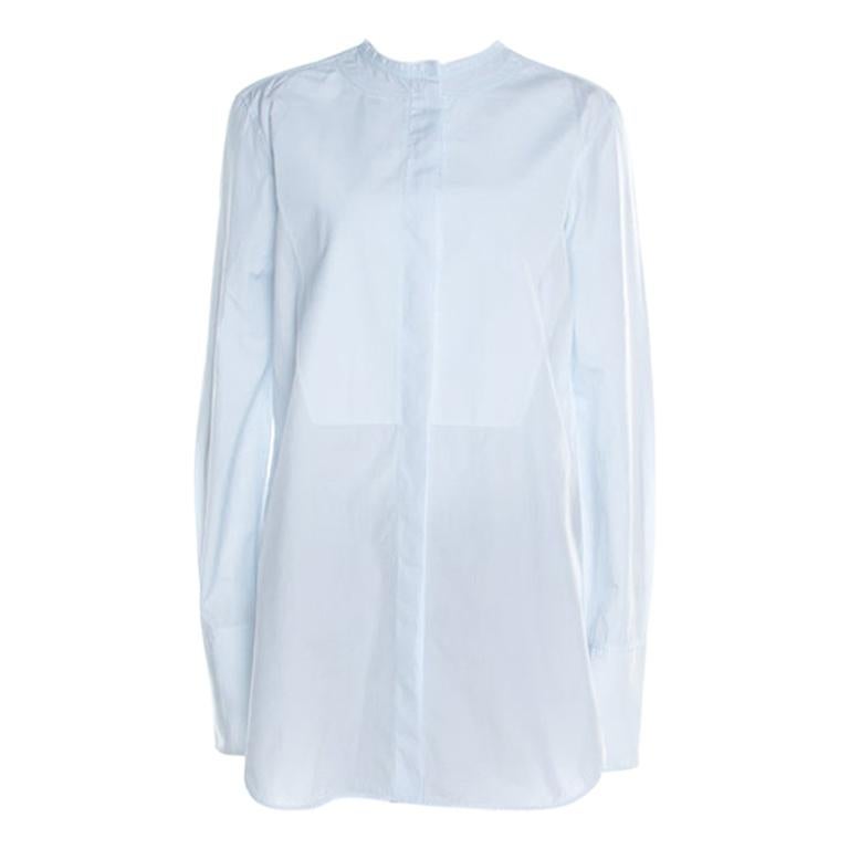 Celine Light Blue Cotton Band Collar Oversized Masculine Tuxedo Shirt M