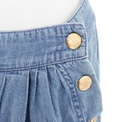 CELINE light blue cotton washed denim gold triomphe logo button midi skirt 27"