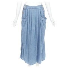 CELINE light blue cotton washed denim gold triomphe logo button midi skirt 27"
