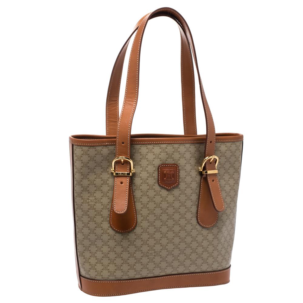 Celine Light Brown Macadam Coated Canvas and Leather Small Vintage Tote In Good Condition In Dubai, Al Qouz 2