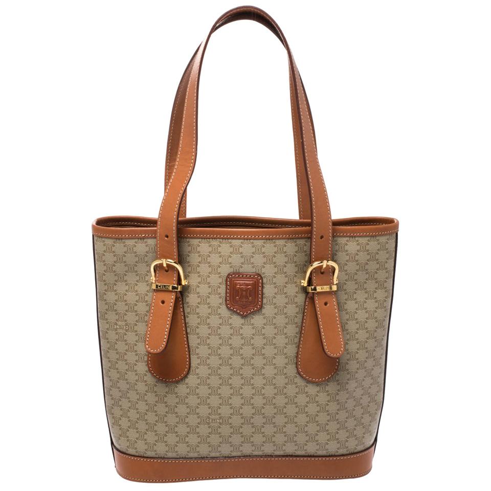 Celine Light Brown Macadam Coated Canvas and Leather Small Vintage Tote