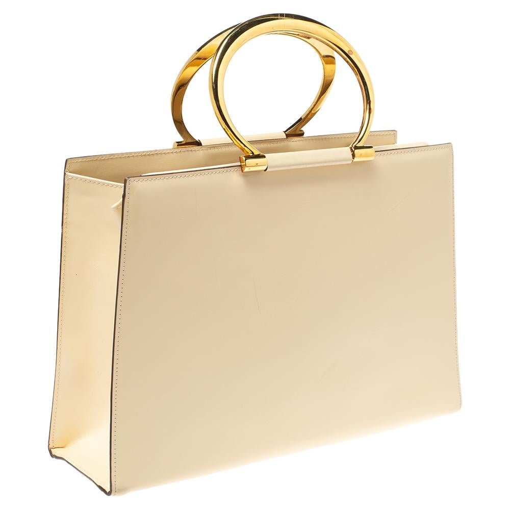 White Celine Light Cream Leather Ring Handle Tote