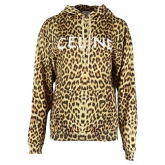 Celine Logo Detailed Leopard Print Cotton Terry Hoodie Small