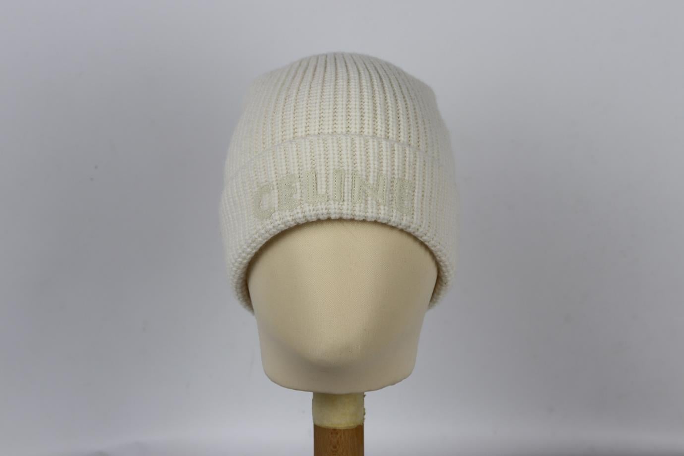 Celine Logo Detailed Ribbed Wool Beanie One Size In Good Condition In London, GB