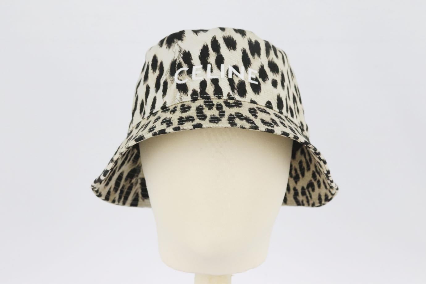 Celine logo embroidered leopard print cotton twill bucket hat. Brown, black and beige. Slips on. 100% Cotton; lining: 65% polyester, 35% cotton. Does not come with dustbag or box. Size: Medium (57 cm). Brim width: 2.2 in Very good condition - As new