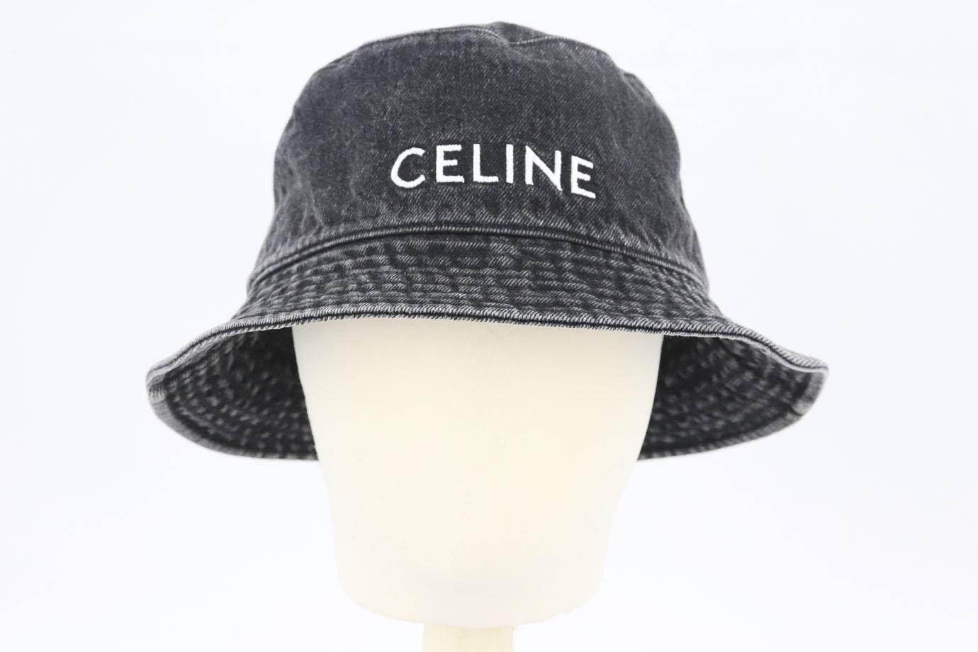 Celine logo embroidered washed denim bucket hat. Black. Slips on. 100% Cotton. Does not come with dustbag or box. Size: Medium (57 cm). Brim width: 2.2 in Very good condition - As new condition, no sign of wear; see pictures.
