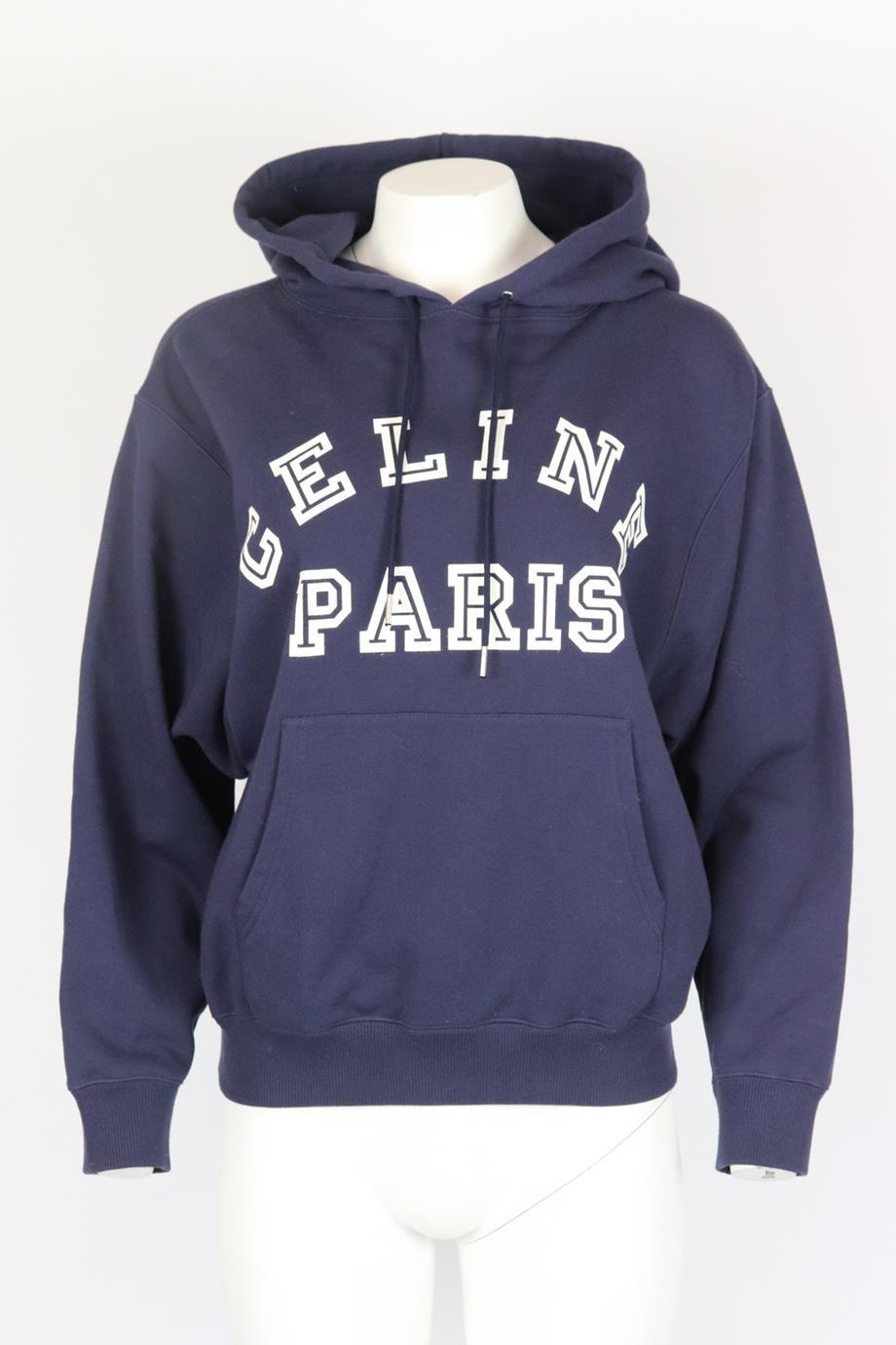 Celine logo printed cotton jersey hoodie. Navy and white. Long sleeve, crewneck. Slips on. 100% Cotton. Size: Small (UK 8, US 4, FR 36, IT 40). Bust: 41 in. Waist: 38.4 in. Hips: 34 in. Length: 24 in. Very good condition - As new condition, no sign