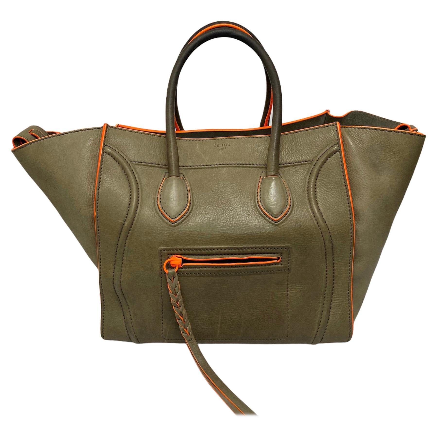 Cèline Luggage Phantom Bag in Gray Leather with Fluorescent Orange Inserts