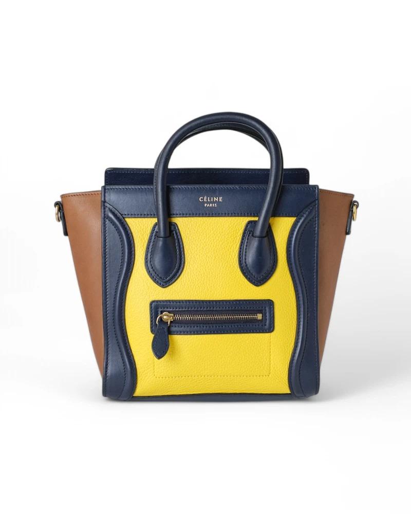 Designer Celine bag, Luggage model in size Small, made of tricolor leather with gold hardware details. Featuring a zippered top closure, the interior is lined in brown suede fabric and has a convenient pocket, making it spacious and functional.