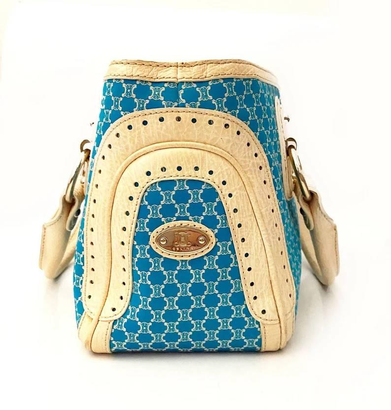 Beige Celine Macadam Boogie Bright Blue Canvas Fabric Top Handle Bag For Sale