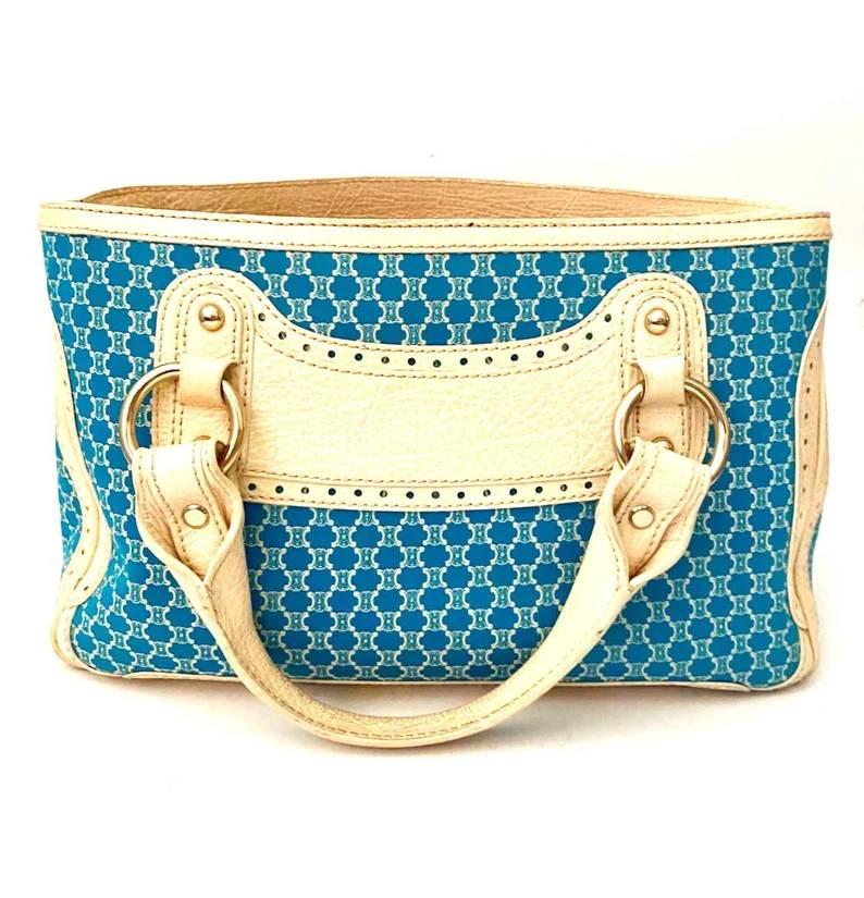 Celine Macadam Boogie Bright Blue Canvas Fabric Top Handle Bag For Sale 2