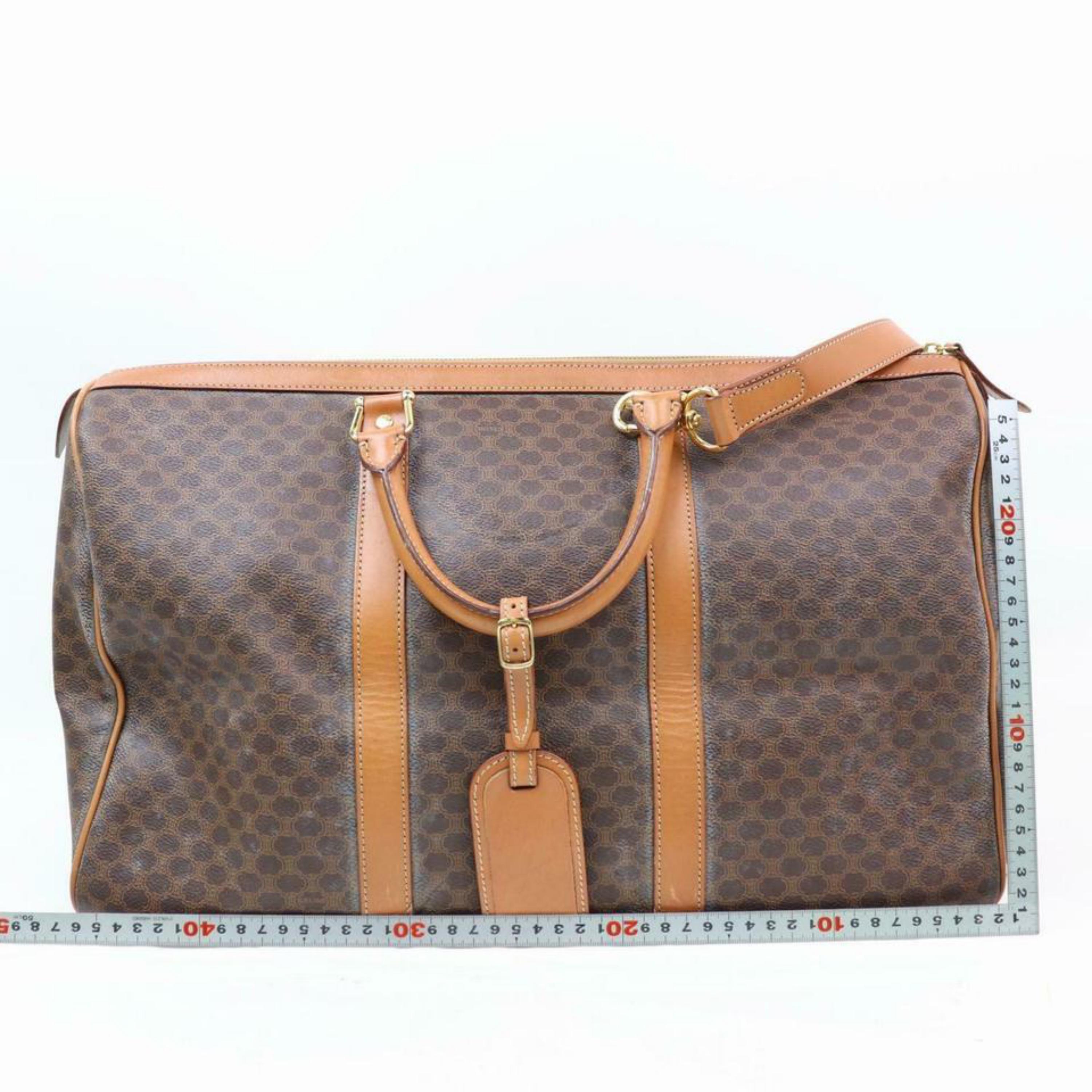 Céline Macadam Boston Duffle with Strap 870204 Brown Coated Canvas Travel Bag In Good Condition For Sale In Forest Hills, NY