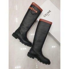 Celine Margaret High Boots Black Leather Tabac Sz. 38.5