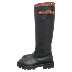 Celine Margaret High Boots Black Leather Tabac Sz. 38.5