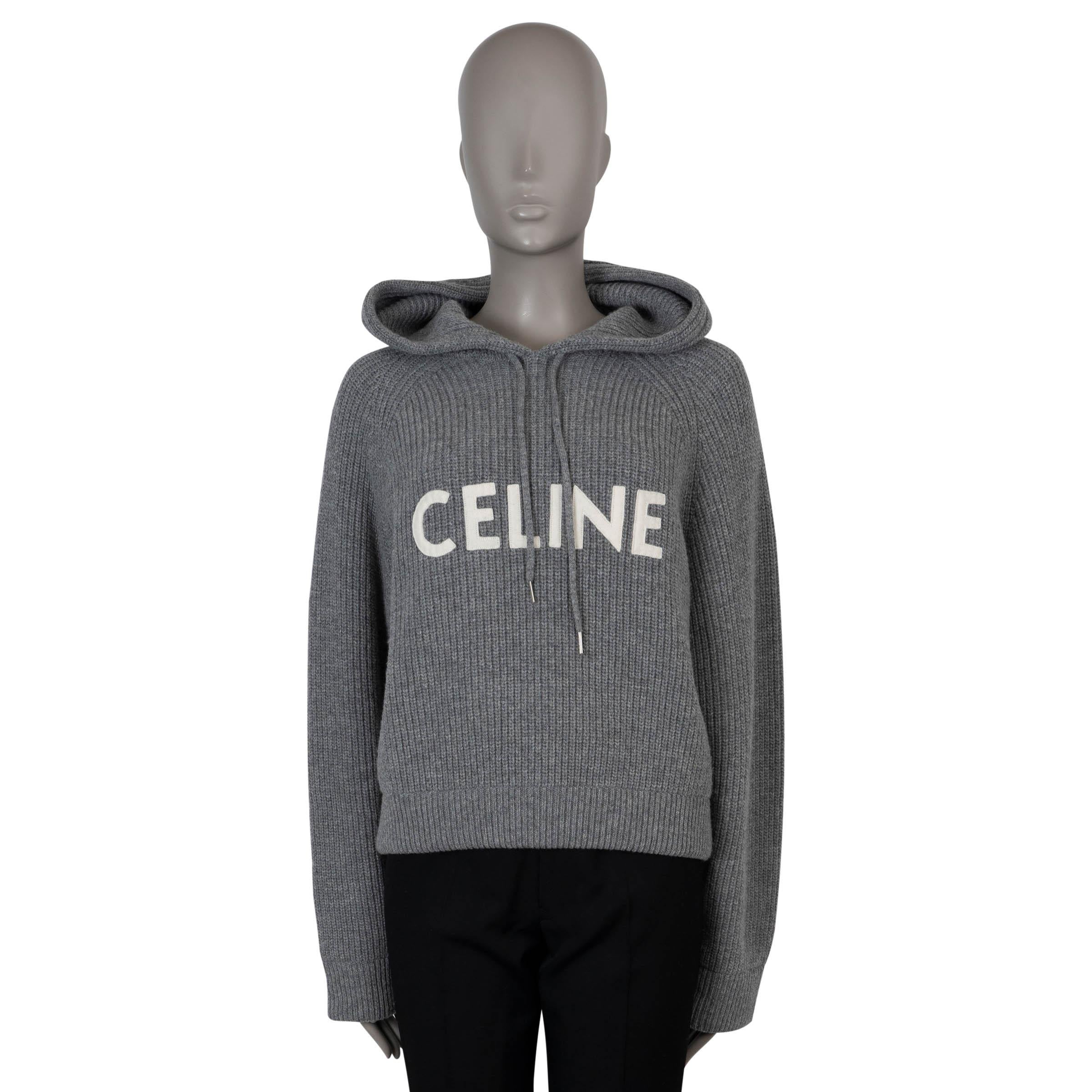 CELINE medium grey wool 2022 LOGO HOODED RIB-KNIT Sweater L