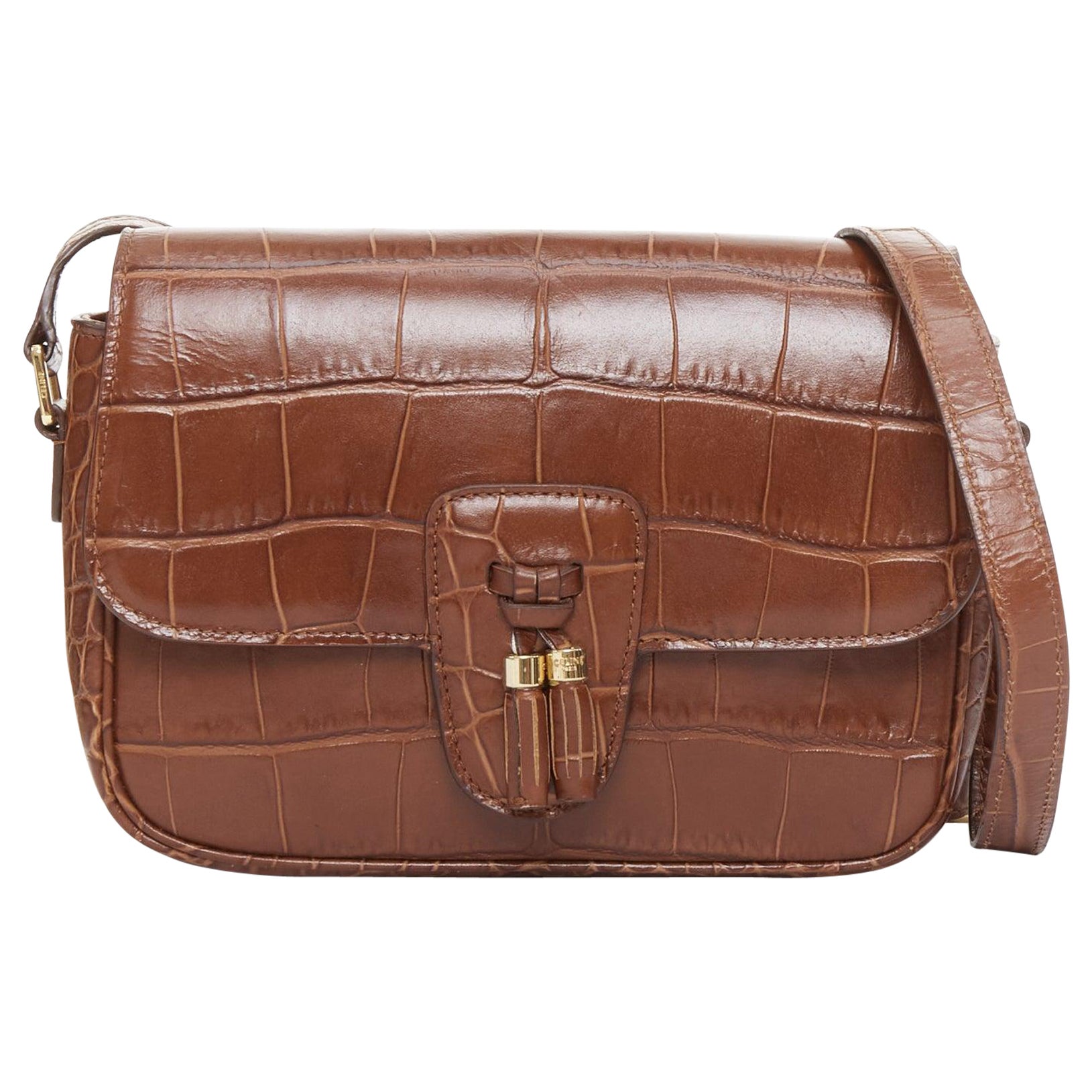 CELINE Medium Tassel braun geprägtes Rindsleder mit Fransen Crossbody Tasche im Angebot