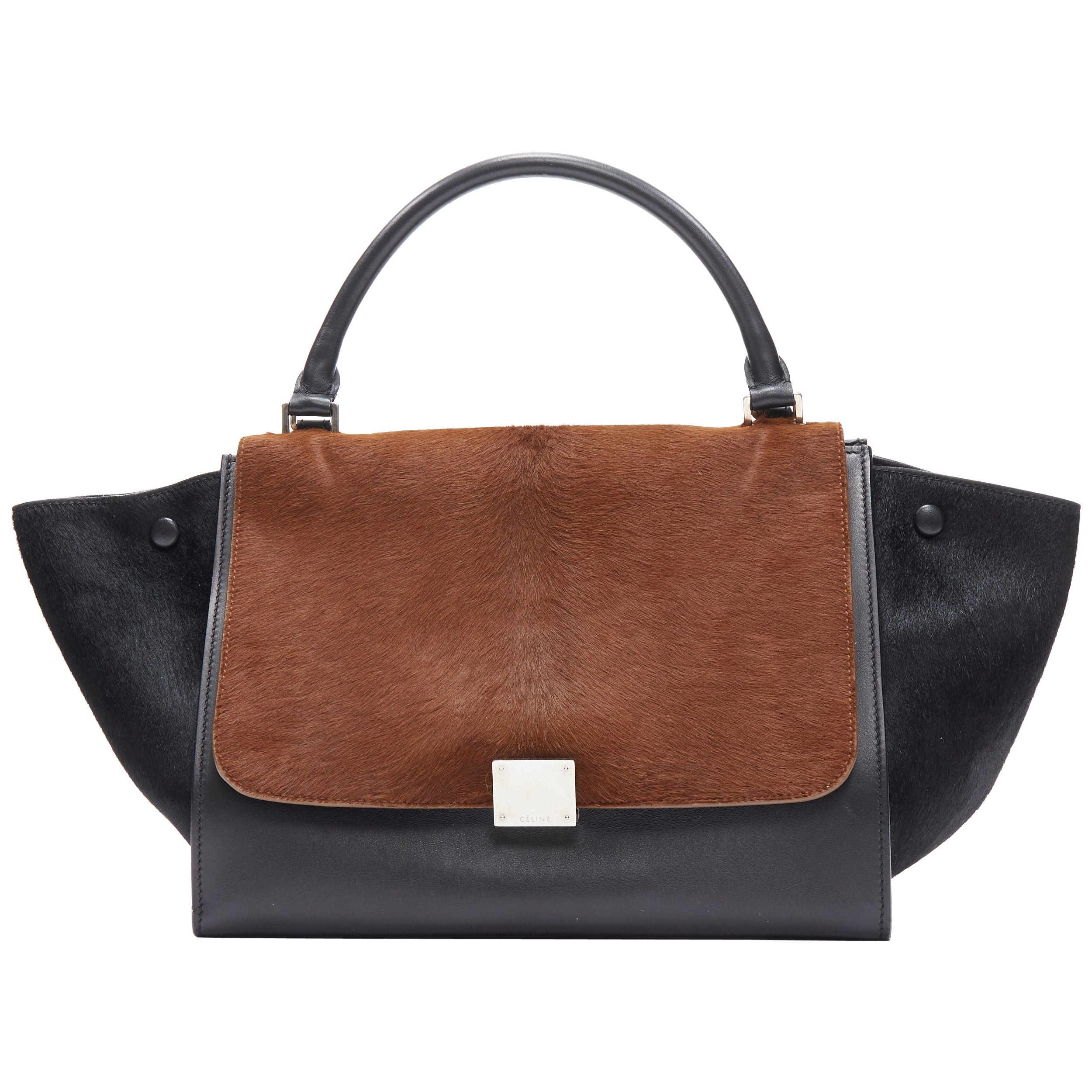 CELINE Medium Trapeze black brown horse hair silver buckle crossbody satchel bag