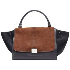 CELINE Medium Trapeze black brown horse hair silver buckle crossbody satchel bag