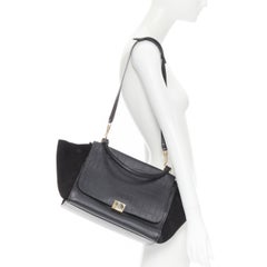 CELINE Medium Trapeze black embossed suede gold buckle crossbody satchel bag