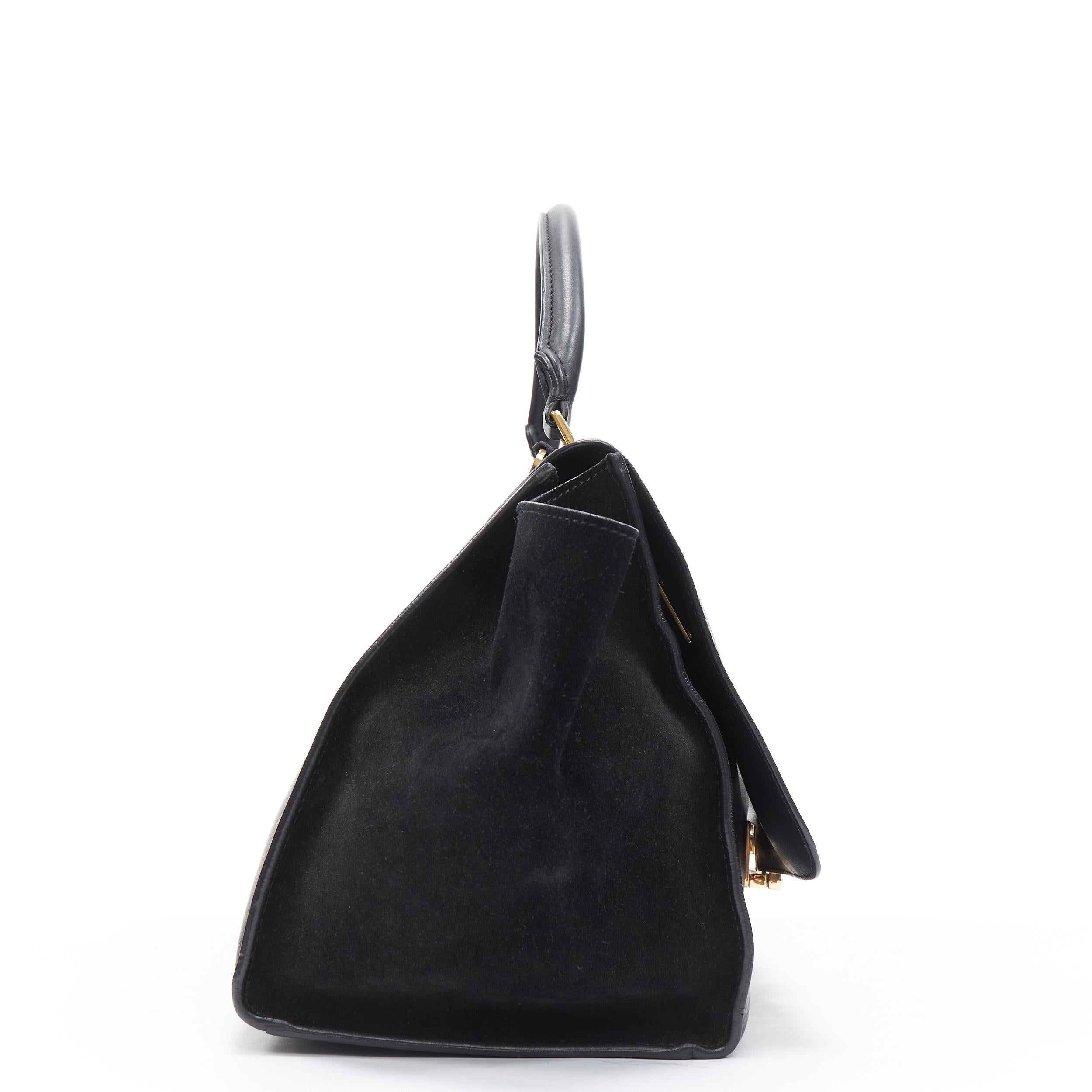 Black CELINE Medium Trapeze black embossed suede gold buckle crossbody satchel bag