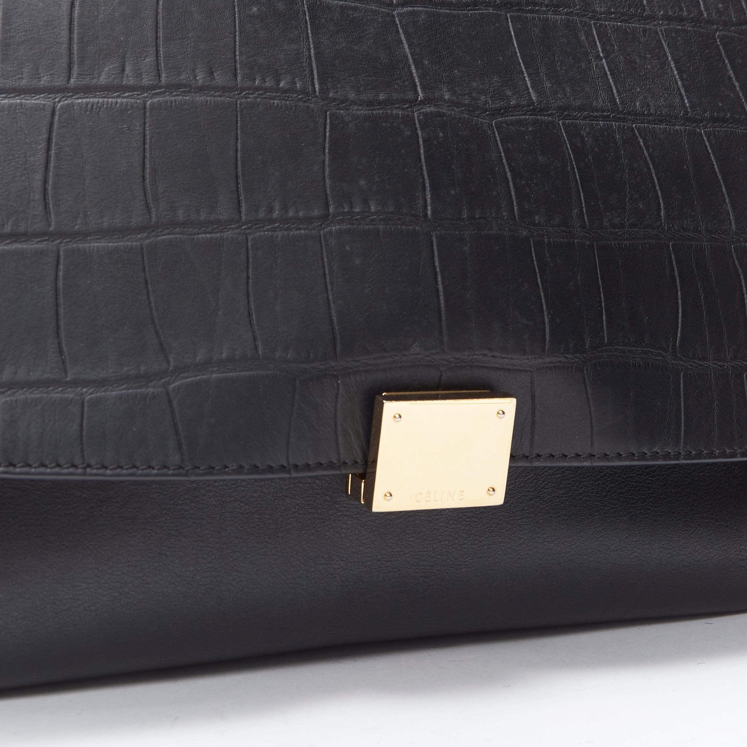 CELINE Medium Trapeze black embossed suede gold buckle crossbody satchel bag 2
