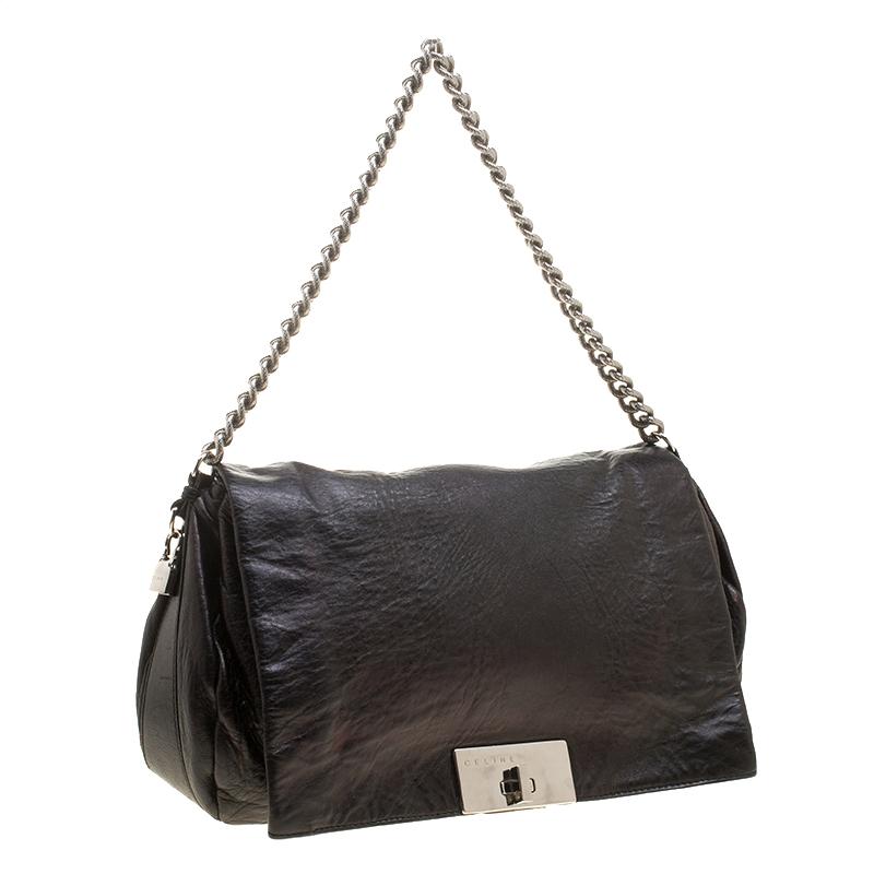 Women's Celine Metallic Black Leather Shoulder Bag