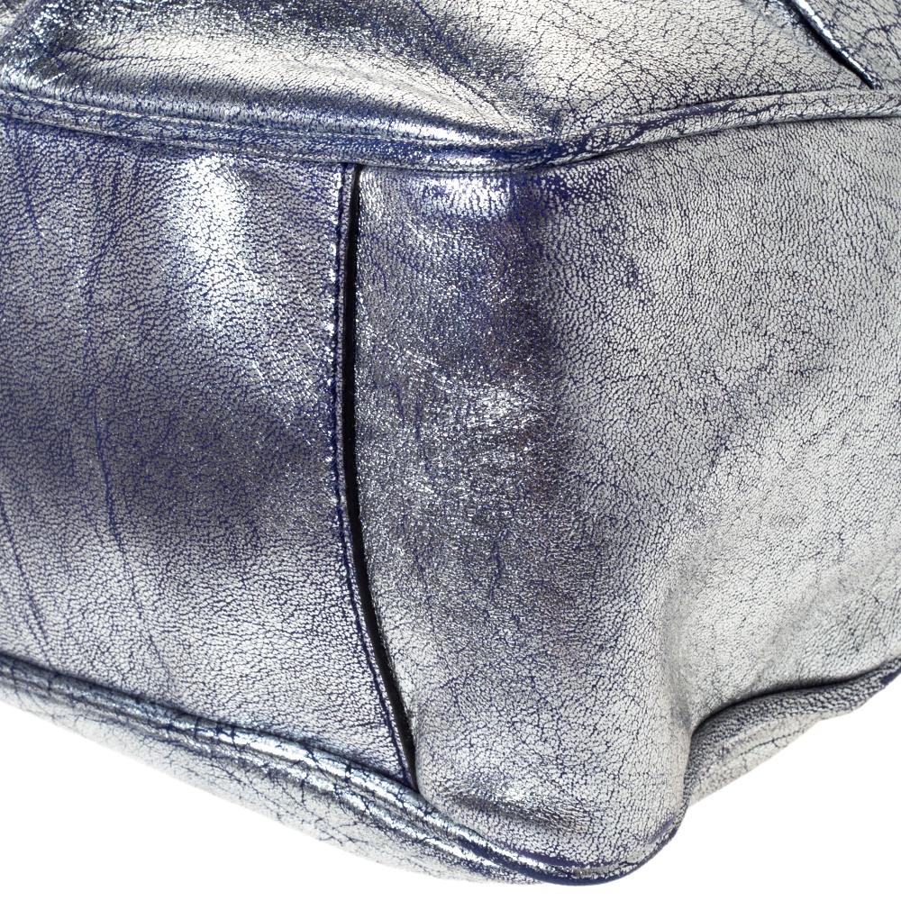 Women's Celine Metallic Silver/Blue Crackled Leather Pushlock Frame Satchel