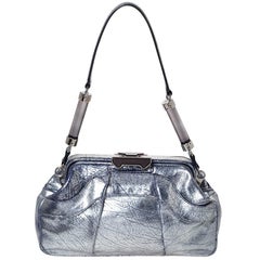 Celine Metallic Silver/Blue Crackled Leather Pushlock Frame Satchel