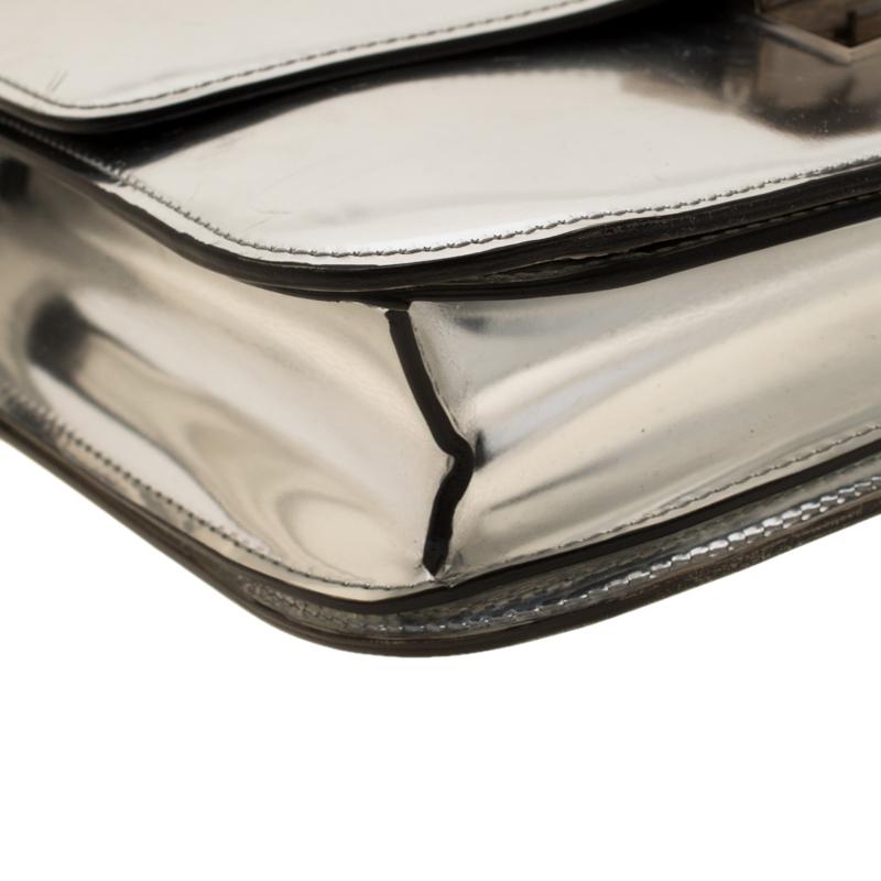 Beige Celine Metallic Silver Leather Medium Classic Box Shoulder Bag
