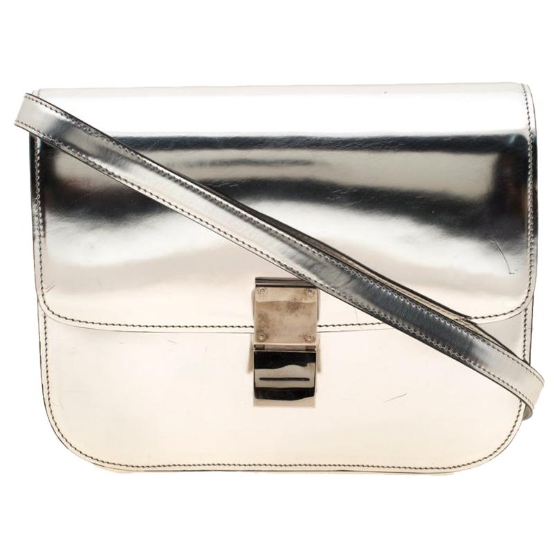 Celine Metallic Silver Leather Medium Classic Box Shoulder Bag