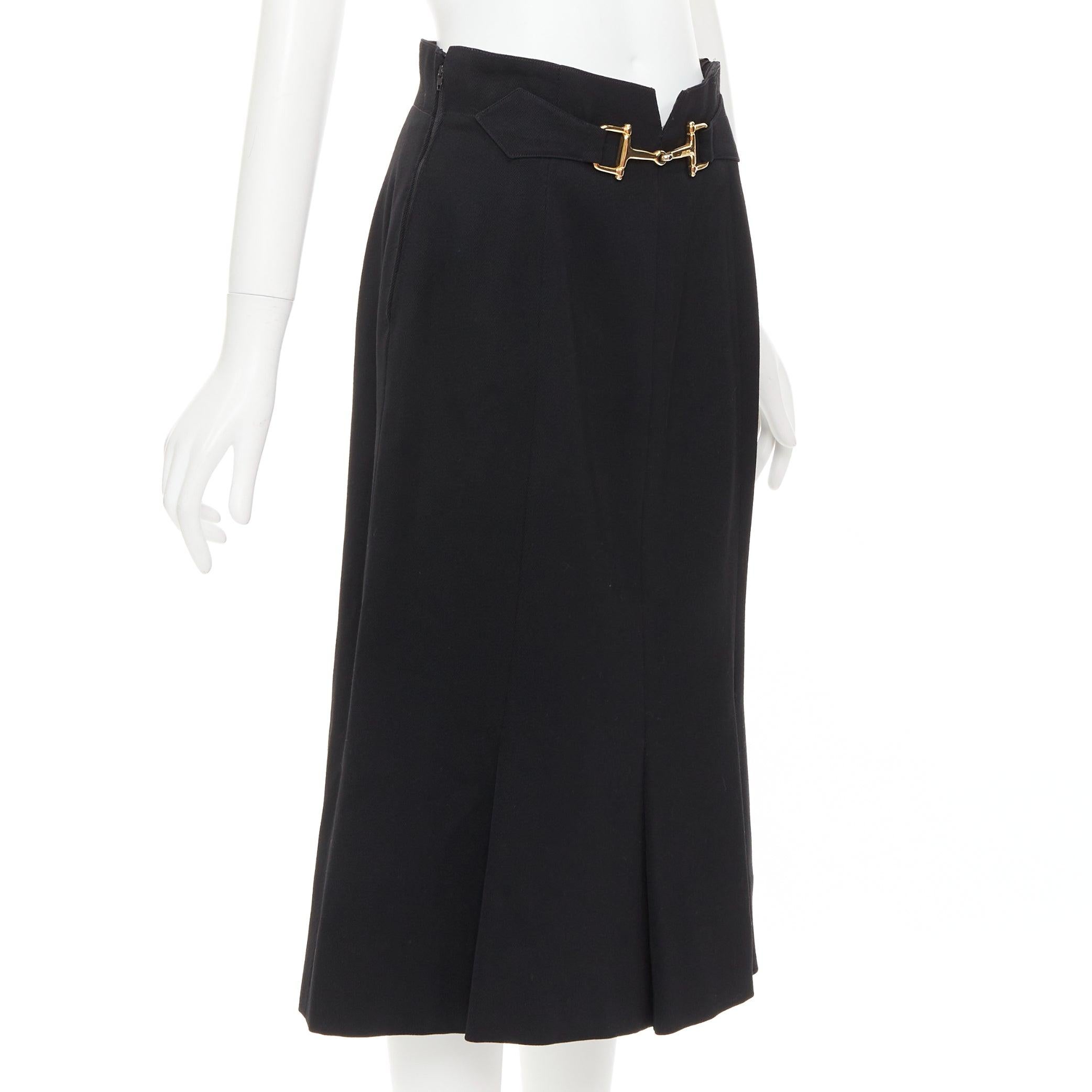 Black CELINE Michael Kors Vintage 100% wool gold horsebit buckle pleated skirt FR42 XL For Sale