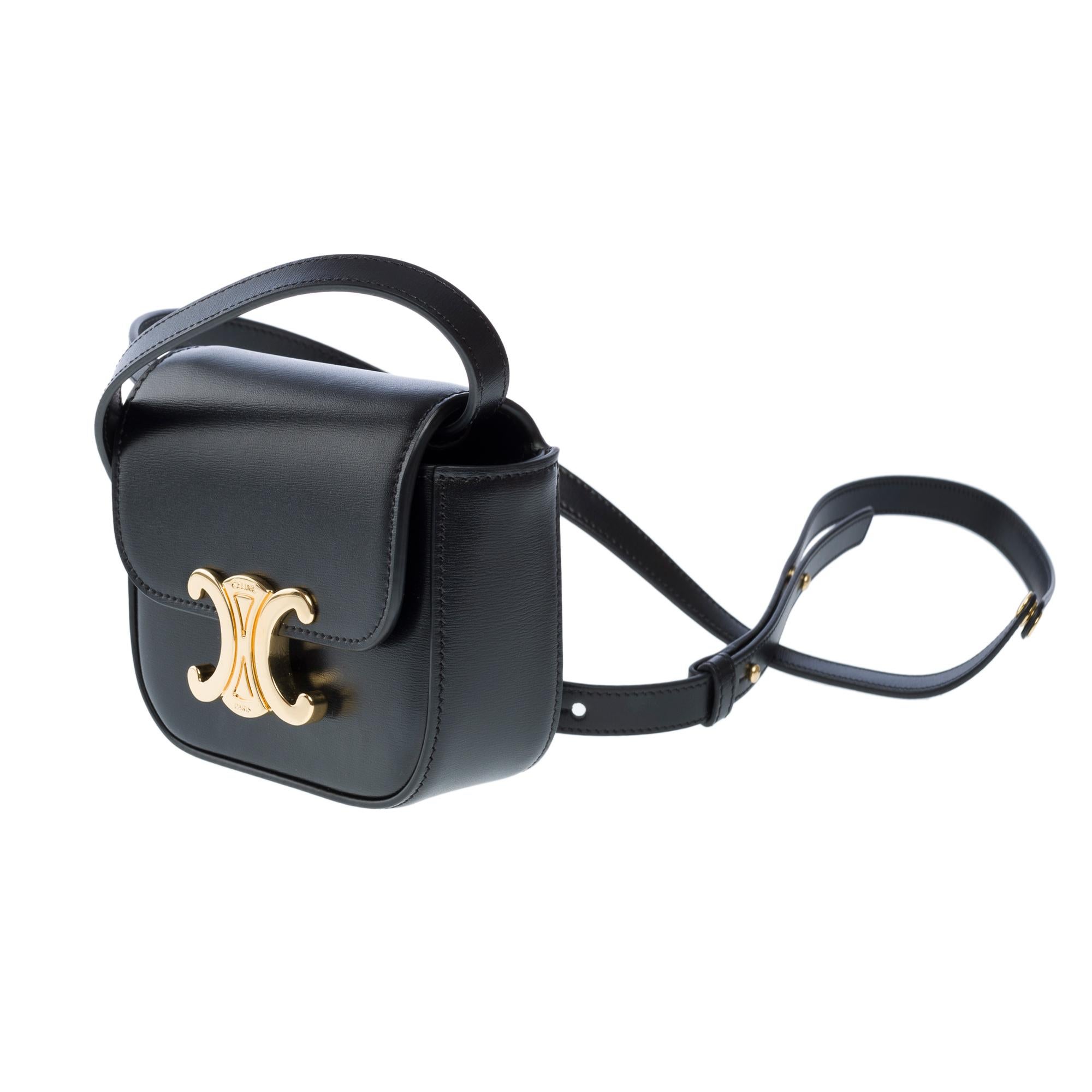 Celine Mini Triomphe shoulder flap bag in black box calf calf leather, GHW 1
