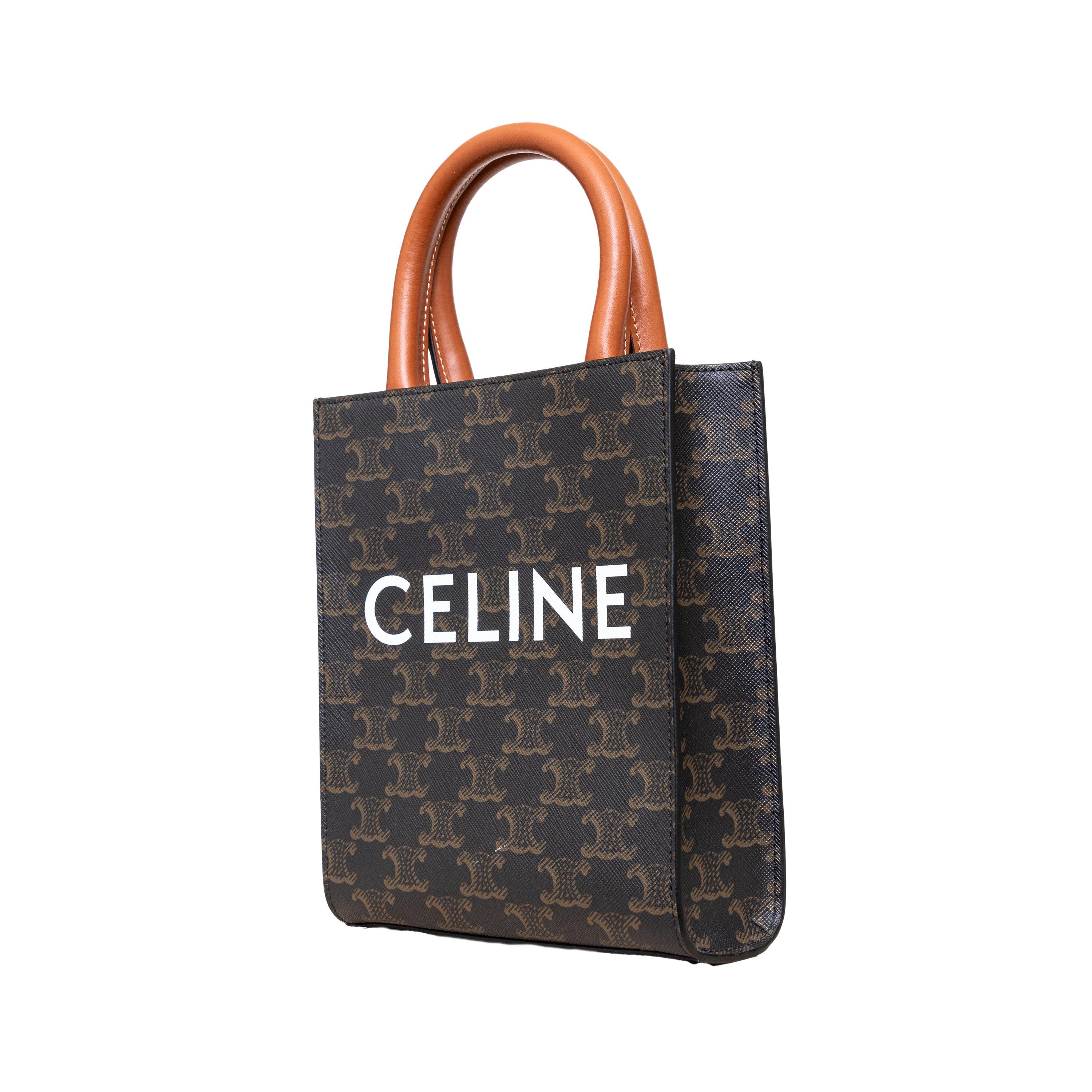 The Celine Mini Vertical Cabas Tote combines the elegance of Triomphe canvas, the signature logo print and calfskin trimmings with practicality, thanks to its lightweight textile lining and versatile carrying options - hand, shoulder, or