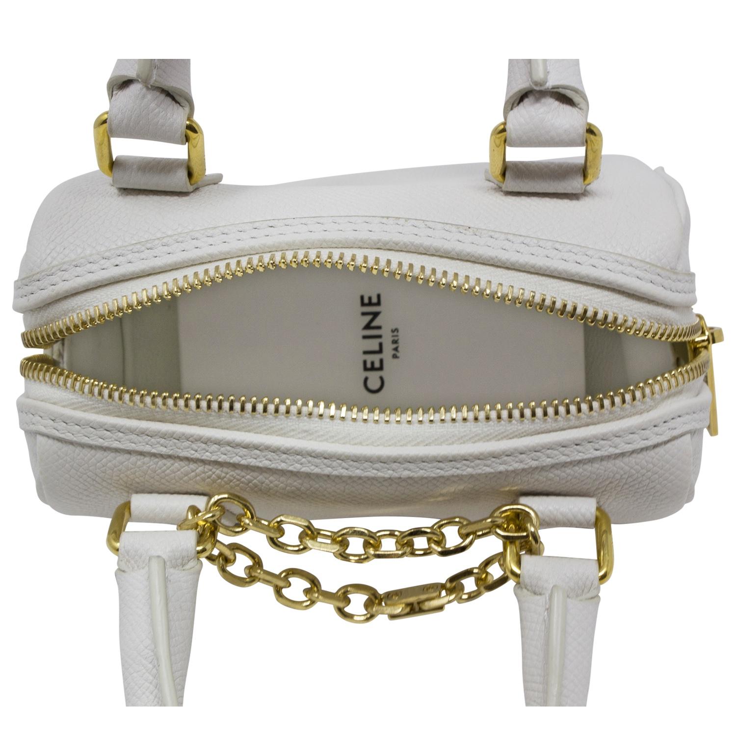 Celine Mini White Grained Leather Logo Chain Top Handle Bag In Excellent Condition For Sale In Atlanta, GA