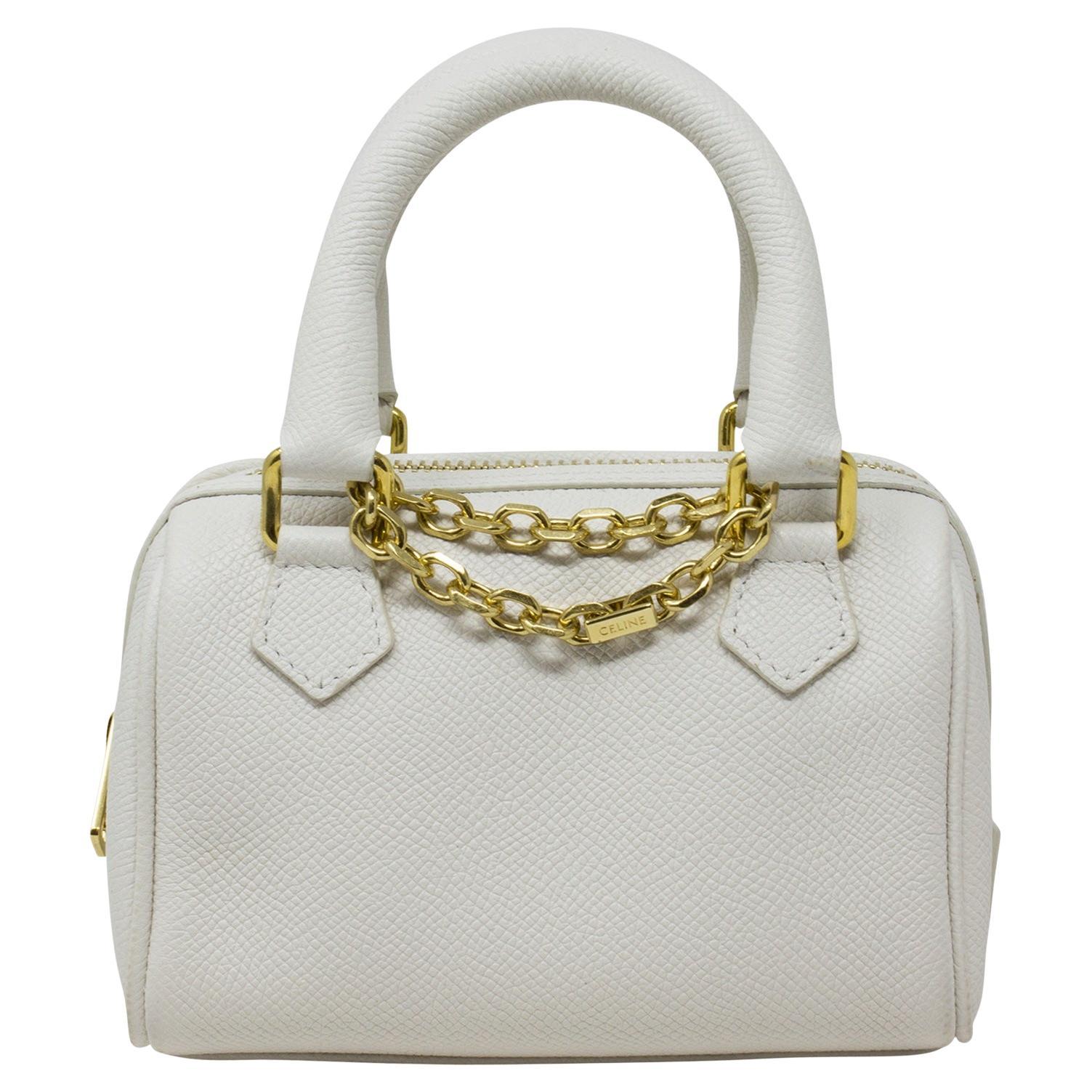 Celine Mini White Grained Leather Logo Chain Top Handle Bag For Sale
