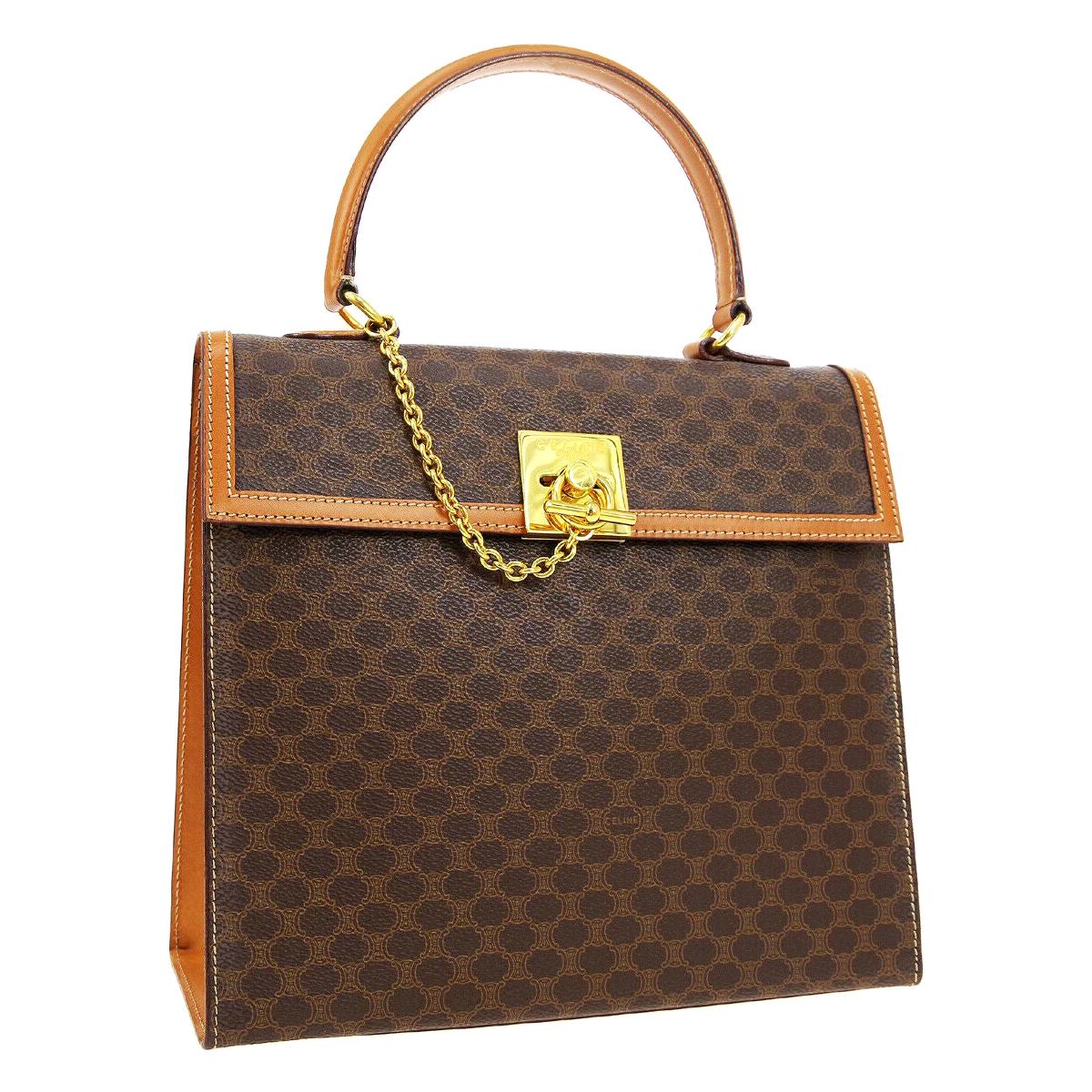 Celine Monogram Cognac Gold Chain Kelly Style Top Handle Satchel Flap Bag