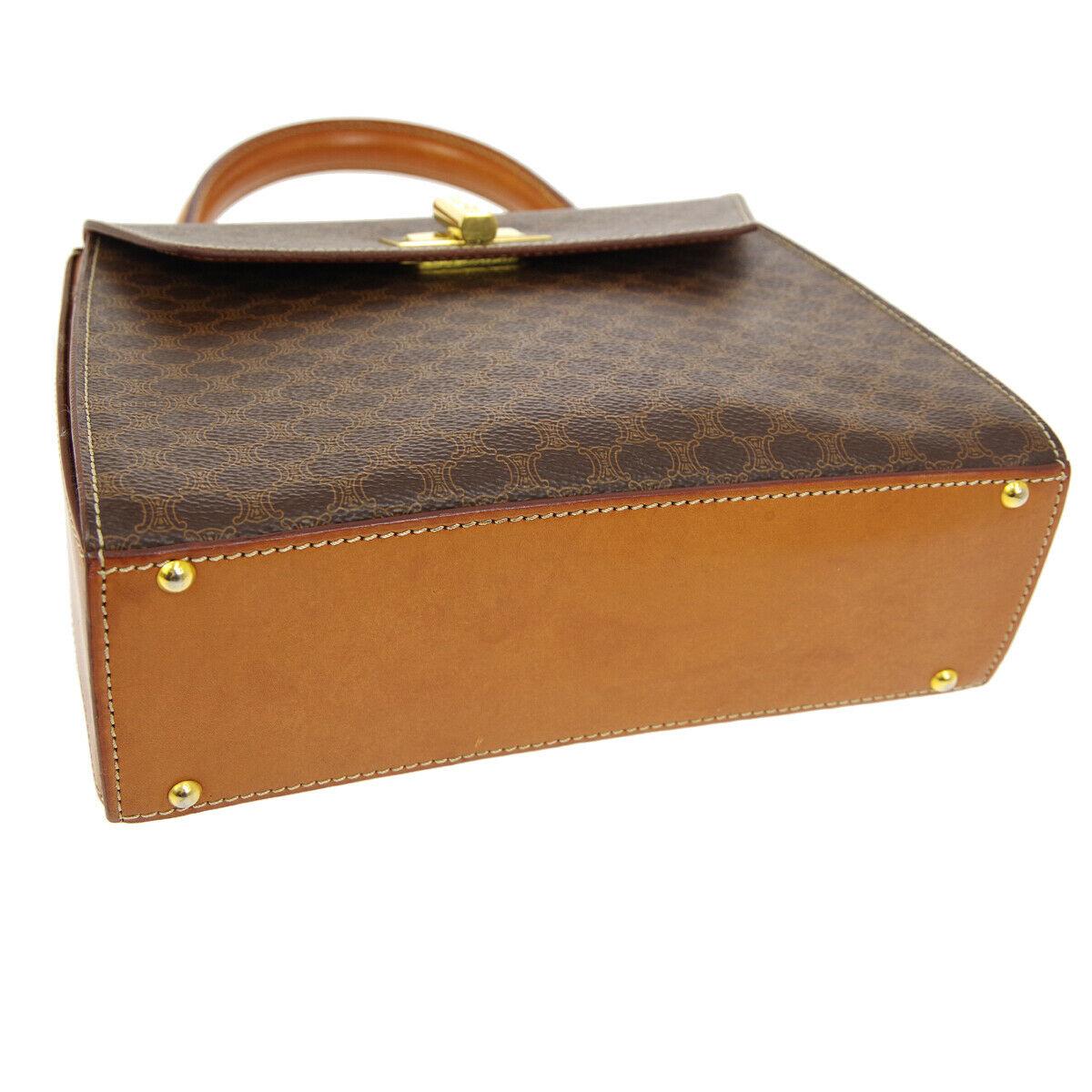 Black Celine Monogram Cognac Leather Gold Kelly Style Top Handle Satchel Flap Bag