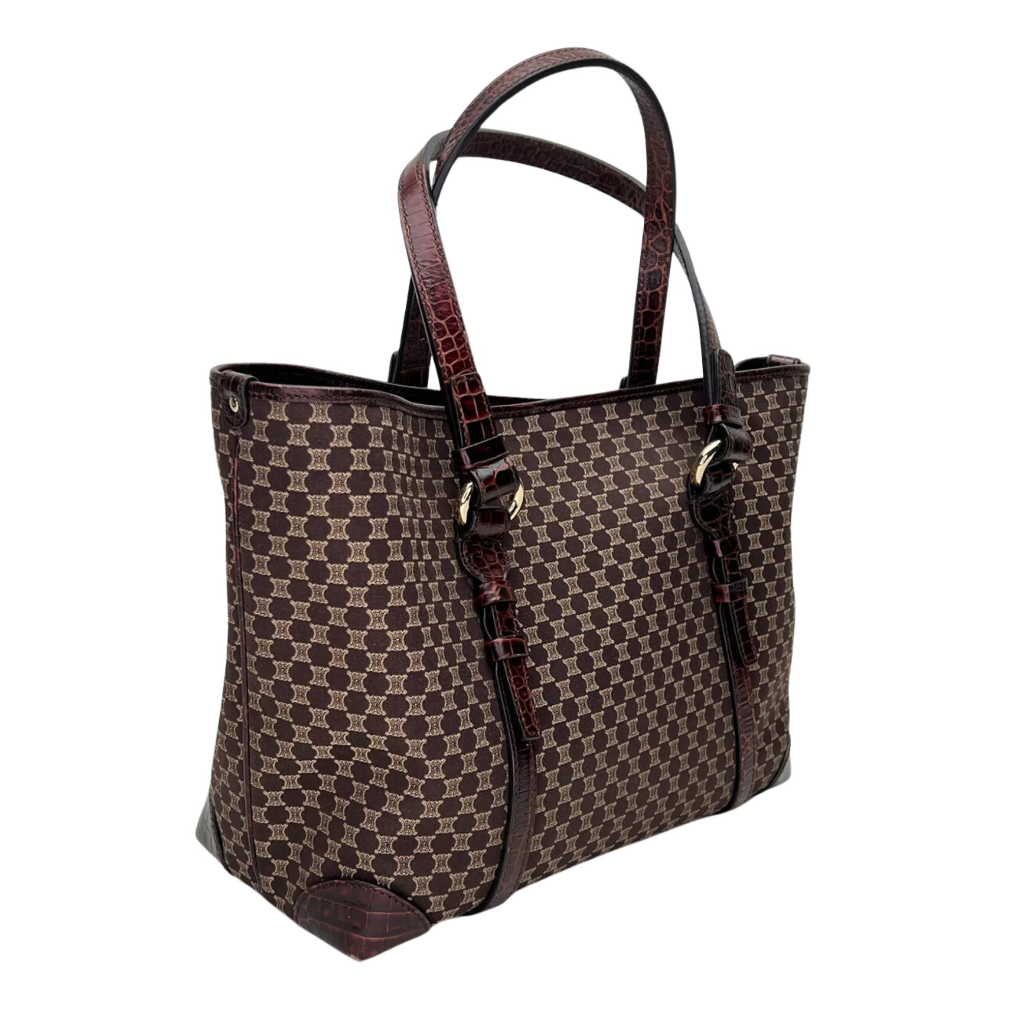 Black Celine Monogram Ebony Macadam Croco Embossed Tote Bag For Sale